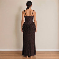 Robe longue bustier corset et jupe à sequins, café, vue de dos avec le laçage – SAKIWÉ