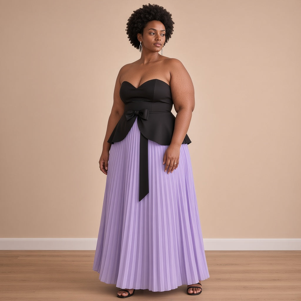 Robe longue bustier noir et jupe plissée lilas, vue de trois-quarts – SAKIWÉ