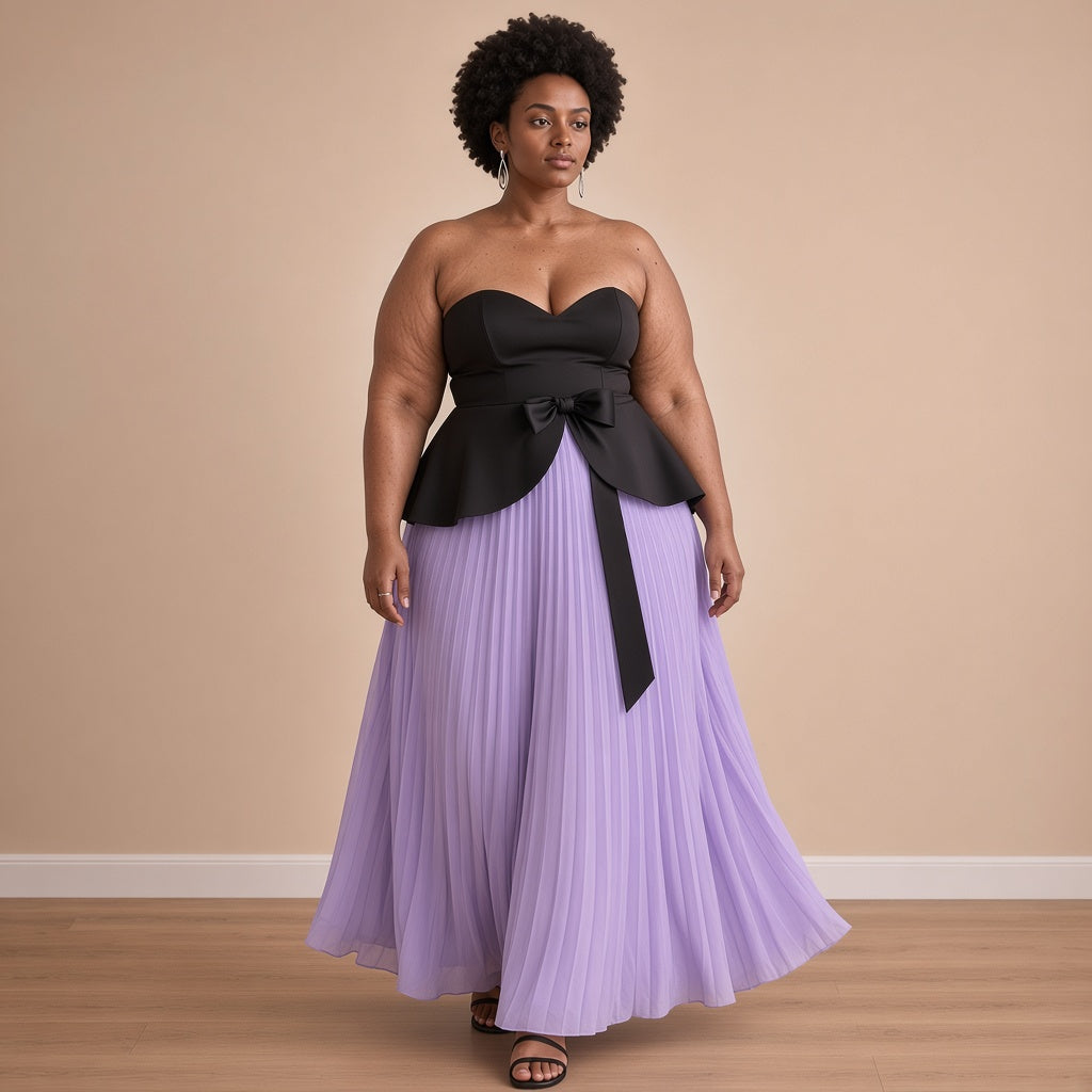 Robe longue bustier noir et jupe plissée lilas, en mouvement – SAKIWÉ
