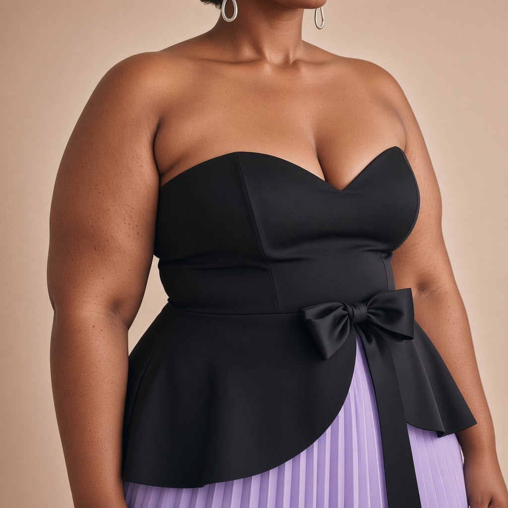 Robe longue bustier noir et jupe plissée lilas, détail du bustier et du nœud – SAKIWÉ