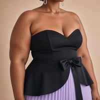 Robe longue bustier noir et jupe plissée lilas, détail du bustier et du nœud – SAKIWÉ