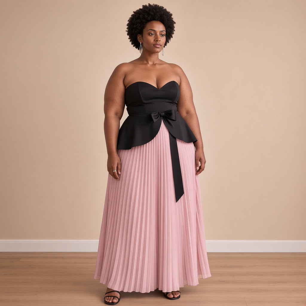 Robe longue bustier noir et jupe plissée rose, vue de face – SAKIWÉ