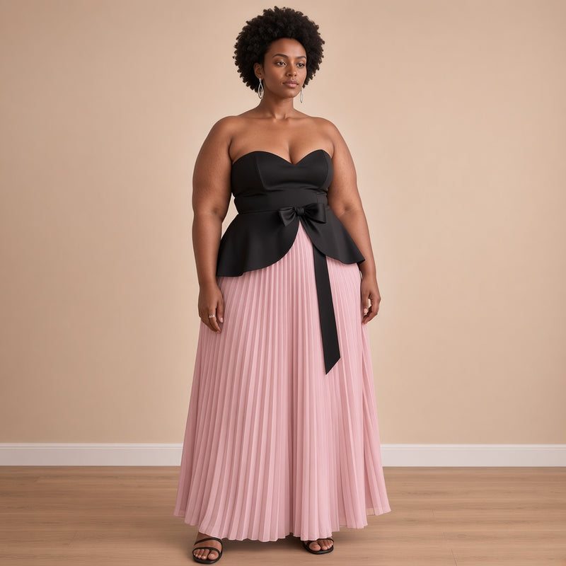 Robe longue bustier noir et jupe plissée rose, vue de face – SAKIWÉ