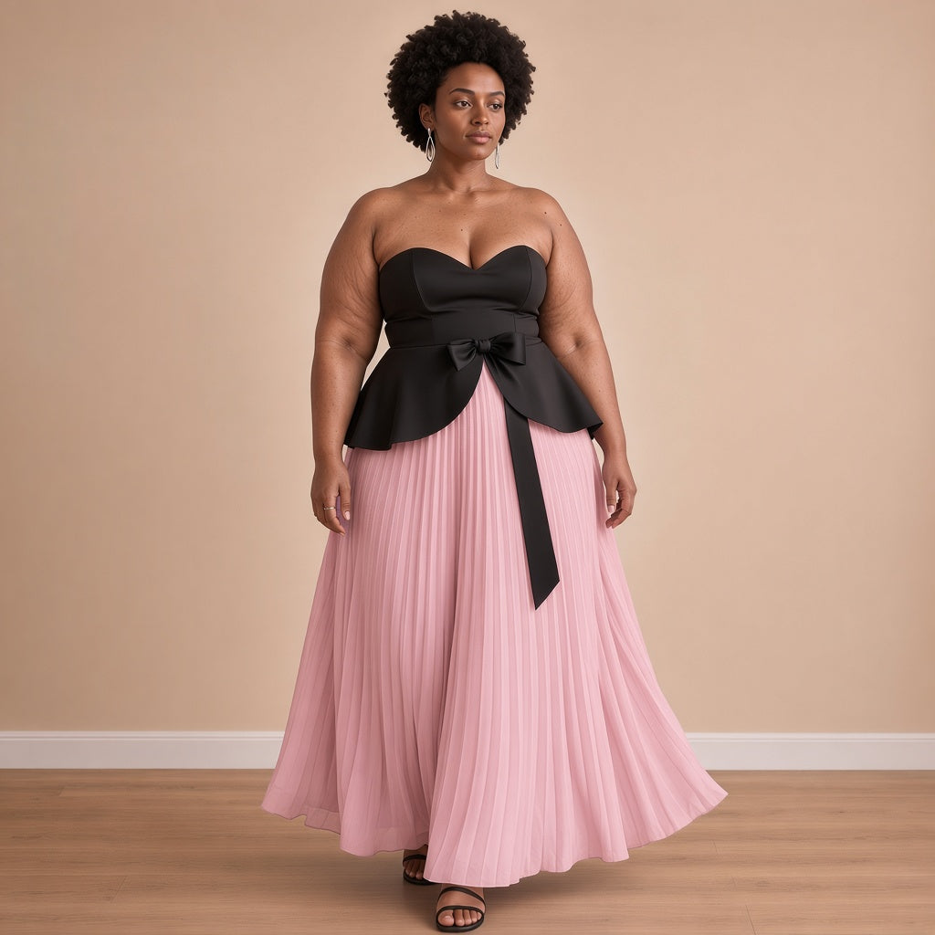 Robe longue bustier noir et jupe plissée rose, en mouvement – SAKIWÉ