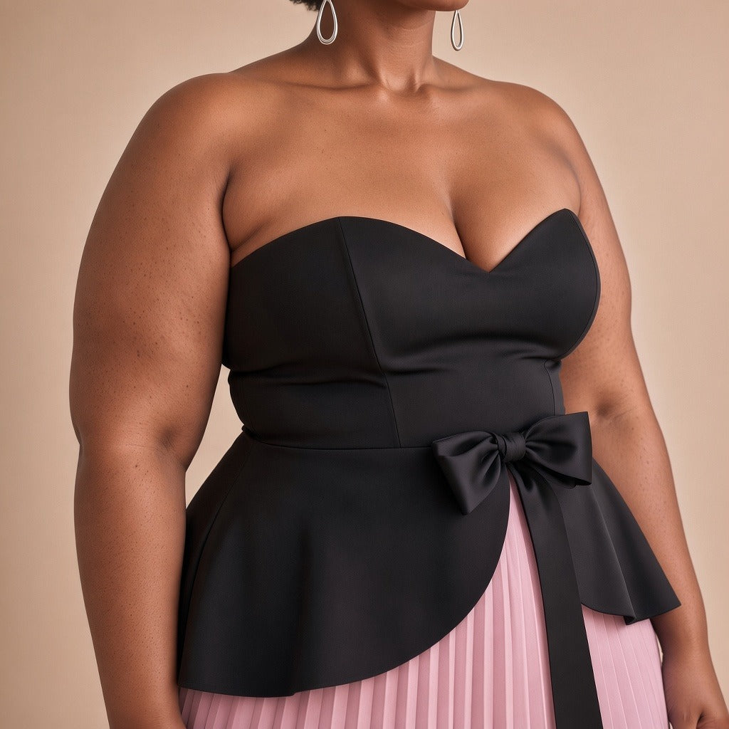 Robe longue bustier noir et jupe plissée rose, détail du bustier et du nœud – SAKIWÉ