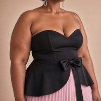 Robe longue bustier noir et jupe plissée rose, détail du bustier et du nœud – SAKIWÉ