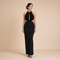 Robe longue dos nu à col licou, buste à roses en relief et dos lacé – Noir, vue de face