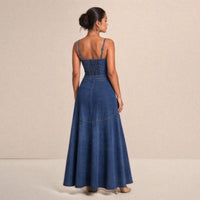 Robe longue en jean à bretelles SAKIWE, coloris bleu foncé, vue de dos