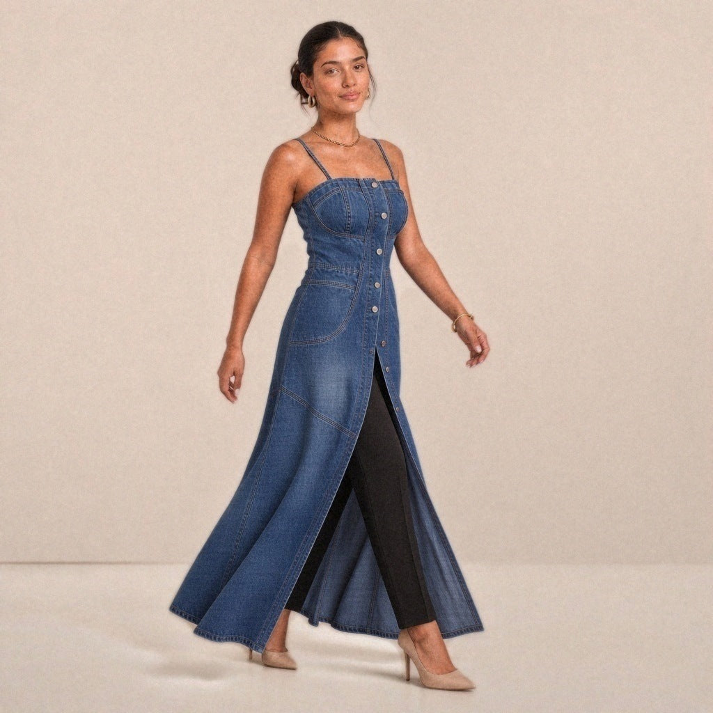Robe longue en jean à bretelles SAKIWE, coloris bleu foncé, en marche