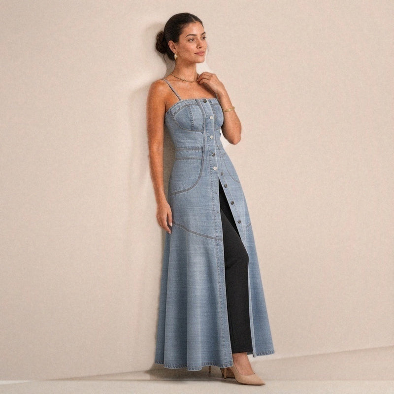 Robe longue en jean à bretelles SAKIWE, coloris bleu clair, de trois quarts contre le mur