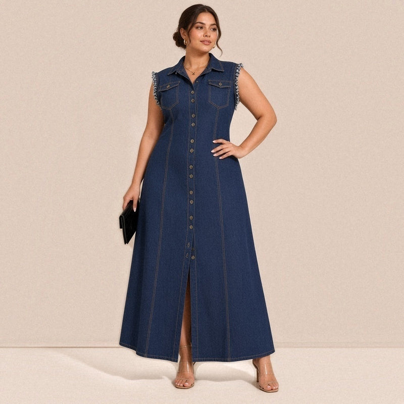 Robe longue en jean SAKIWE, coloris bleu foncé, vue de face