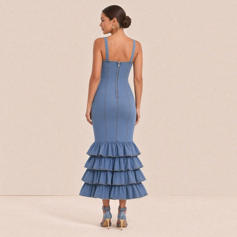 Dos de la robe en jean : encolure droite, bretelles larges et fermeture éclair centrale