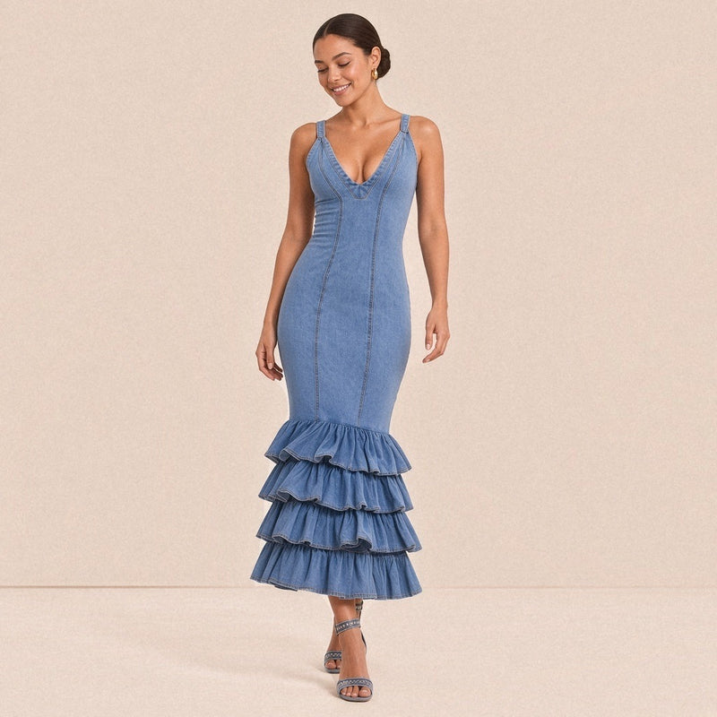 Robe longue en jean à volants portée en marchant, vue de trois quarts