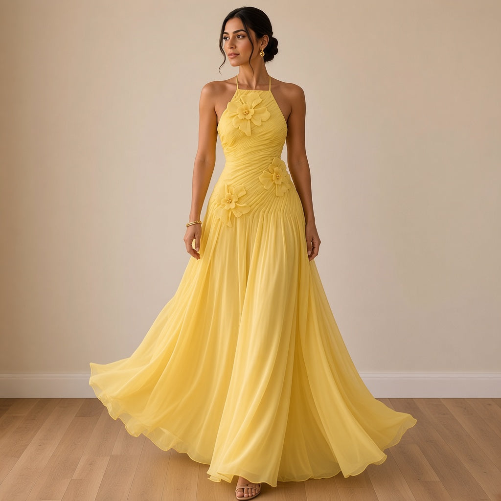 Robe longue licou en mousseline jaune à fleurs 3D, en mouvement – SAKIWÉ