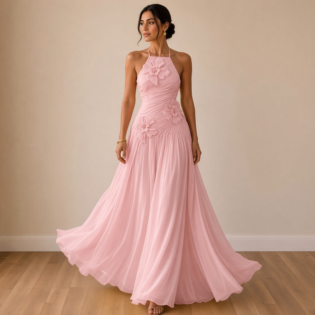 Robe longue licou en mousseline rose poudré à fleurs 3D, en mouvement – SAKIWÉ