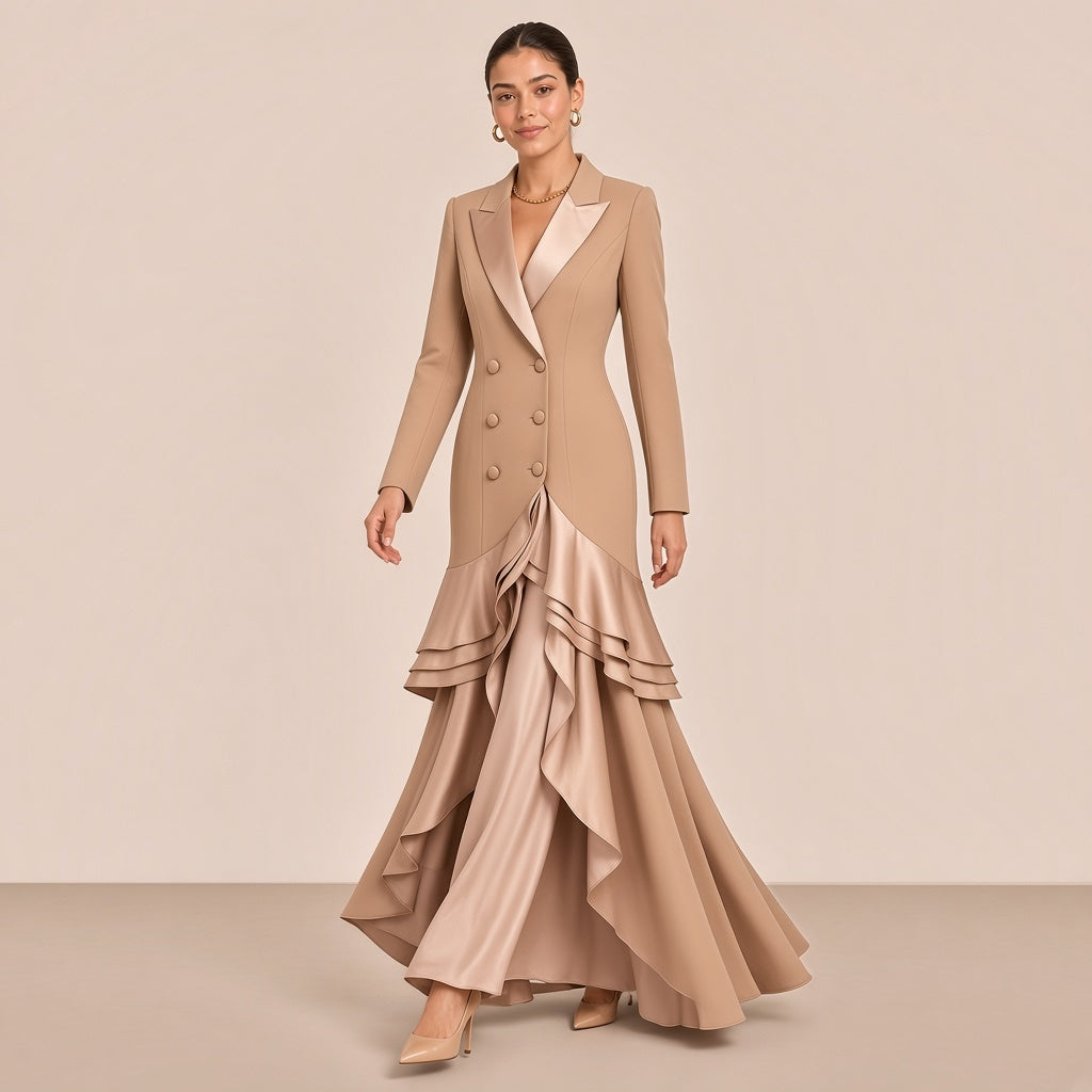 Robe longue tailleur SAKIWE camel à revers en satin et volants, en marche