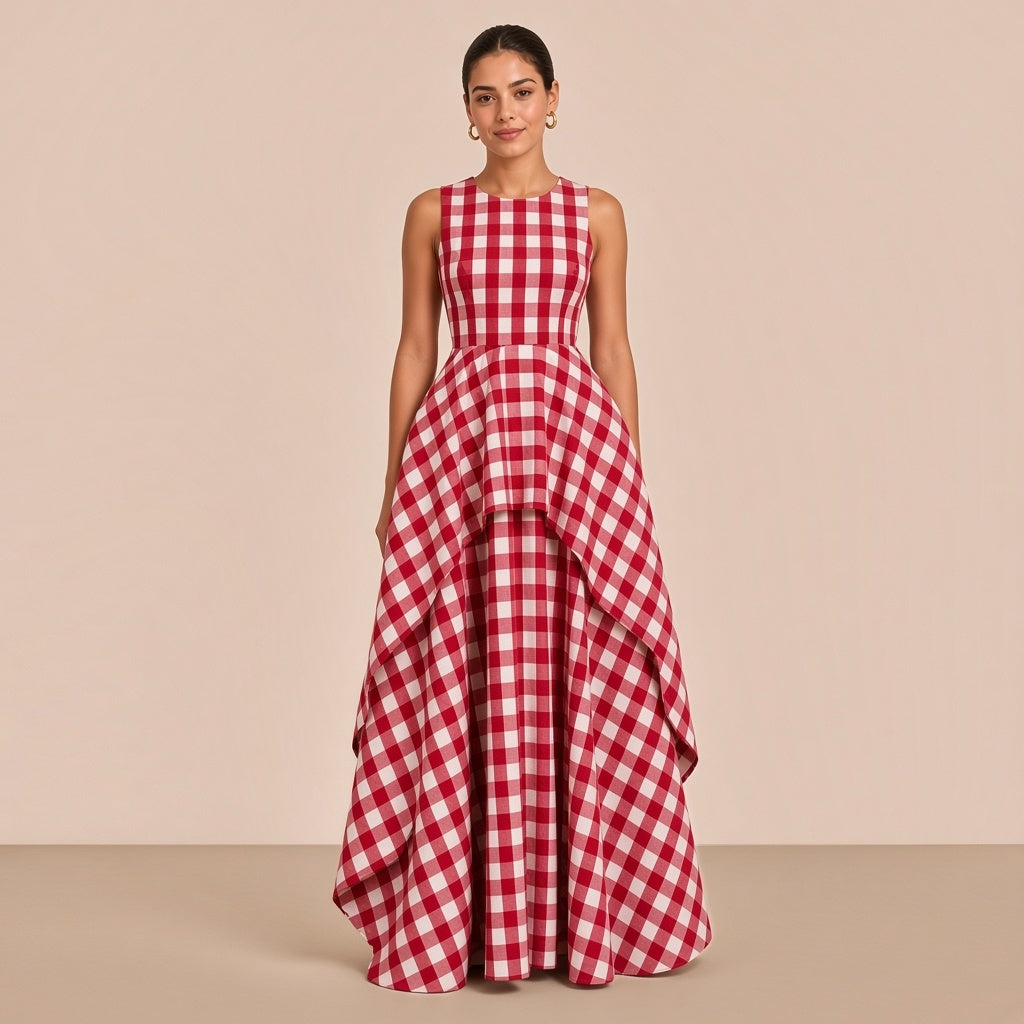 Robe longue en vichy sans manches à surjupe SAKIWE rouge, mannequin de face