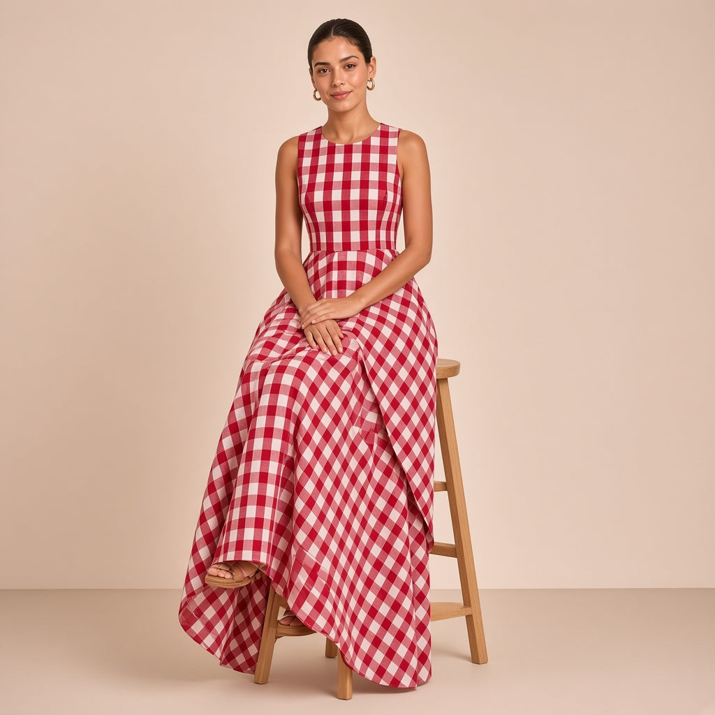 Robe longue en vichy sans manches à surjupe SAKIWE rouge, mannequin assise sur un tabouret