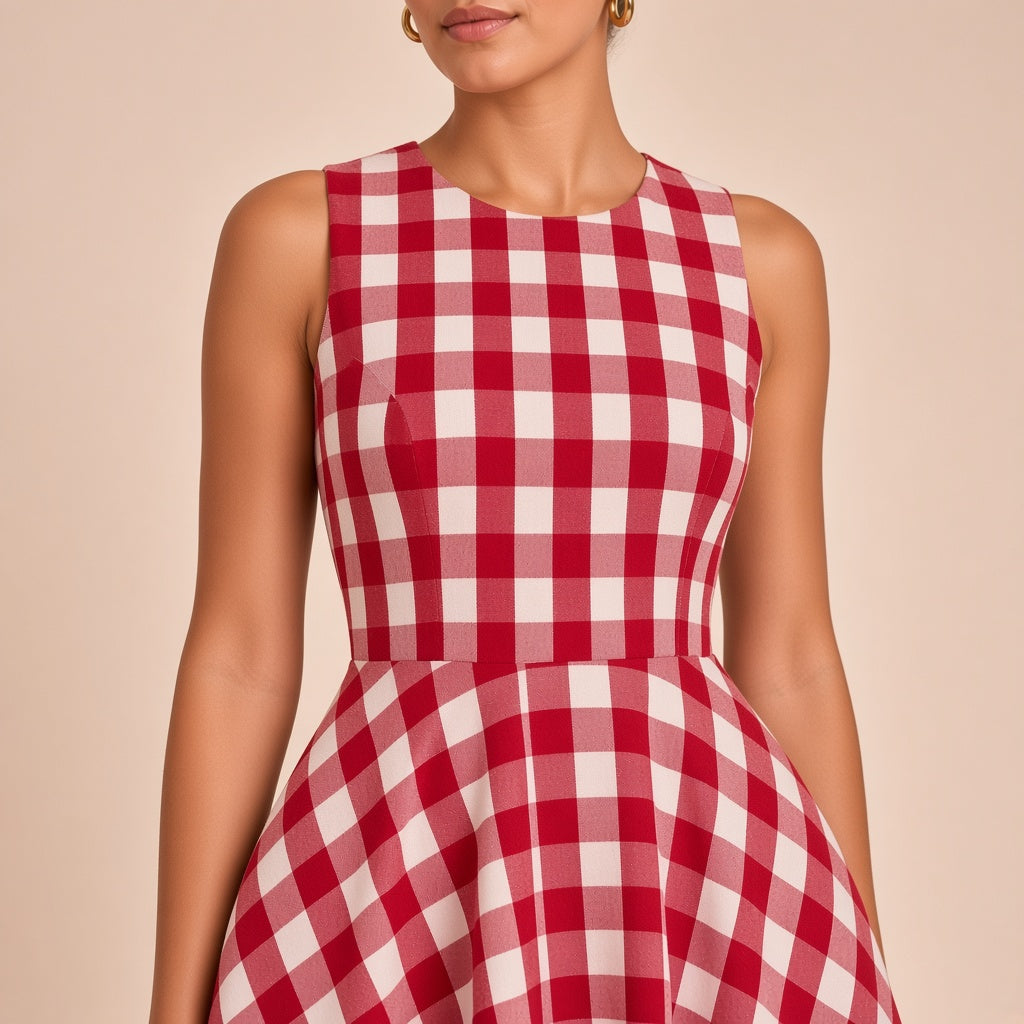 Robe longue en vichy sans manches à surjupe SAKIWE rouge, gros plan buste et col rond