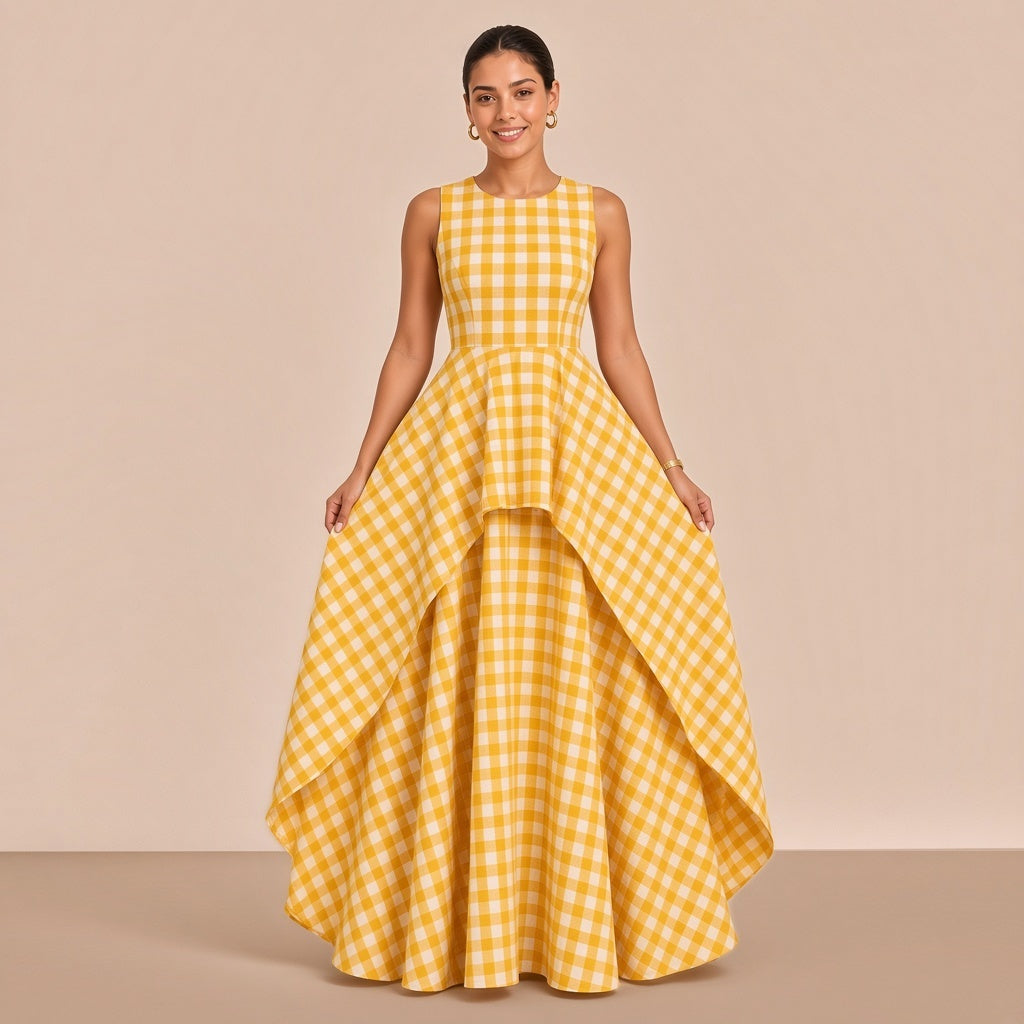 Robe longue en vichy sans manches à surjupe SAKIWE jaune, mannequin tenant la jupe
