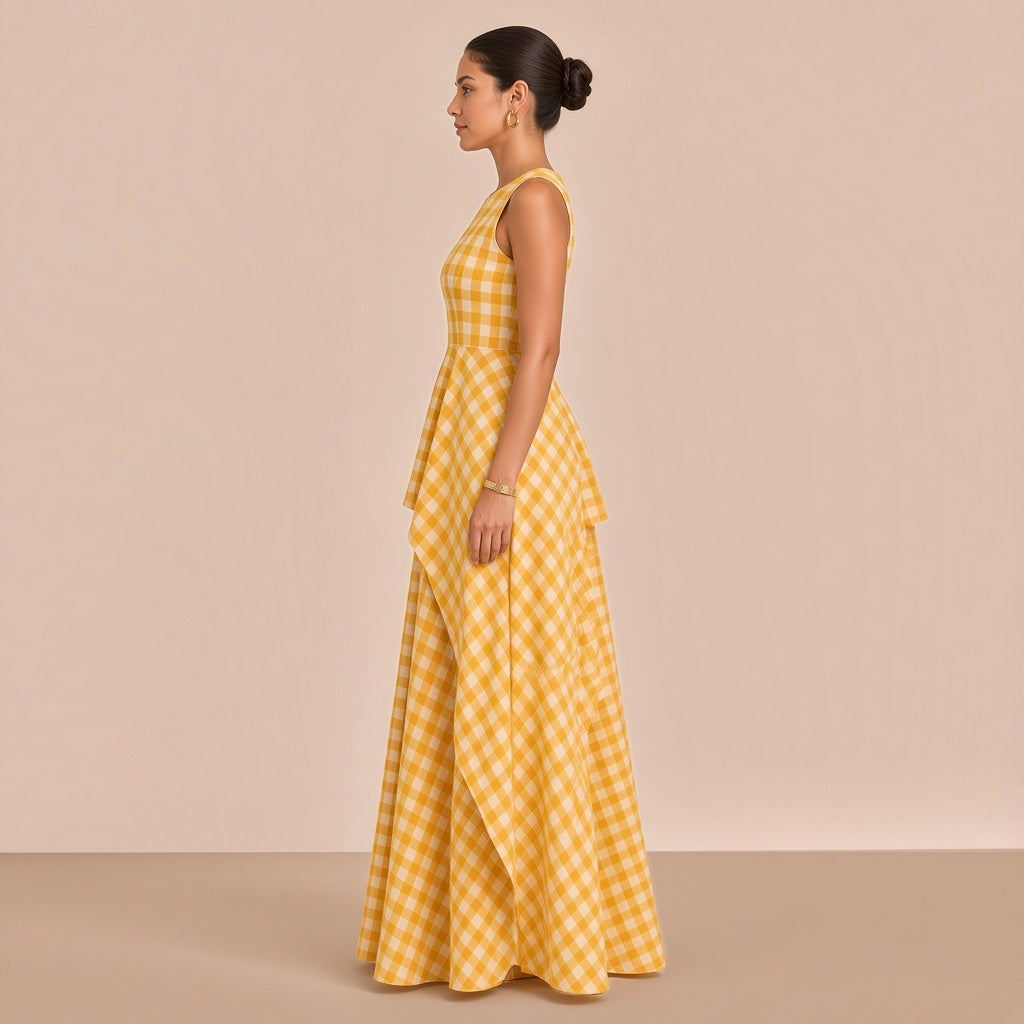 Robe longue en vichy sans manches à surjupe SAKIWE jaune, vue de profil