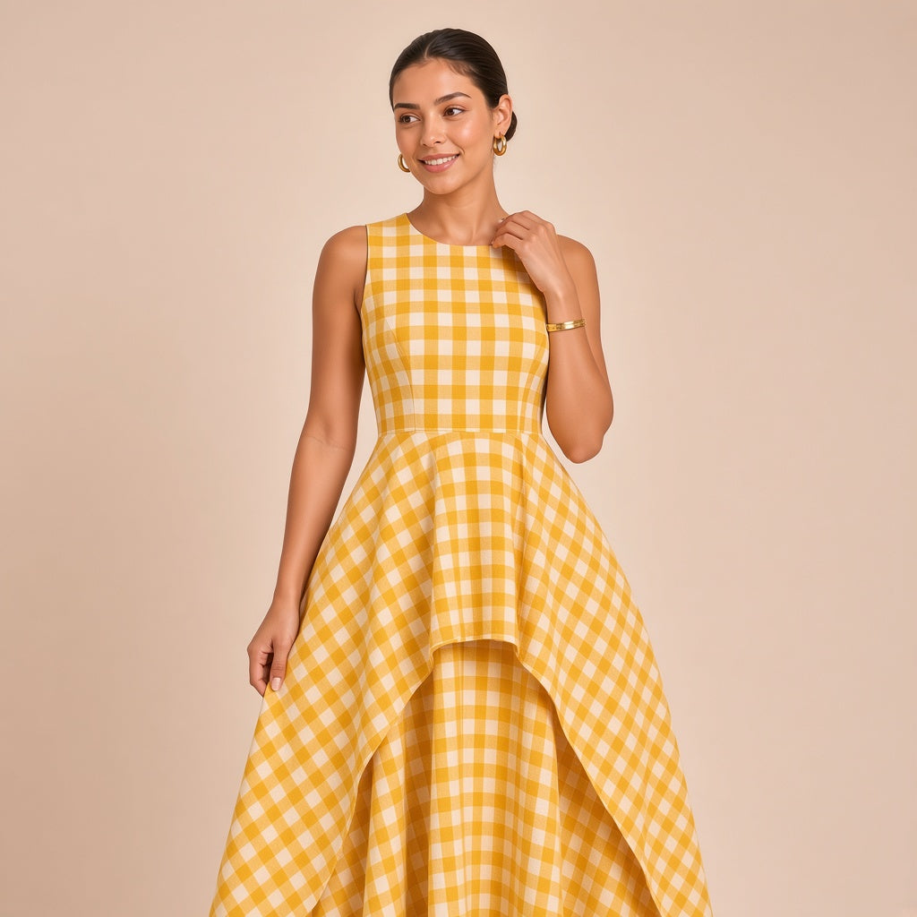 Robe longue en vichy sans manches à surjupe SAKIWE jaune, plan taille, main au col