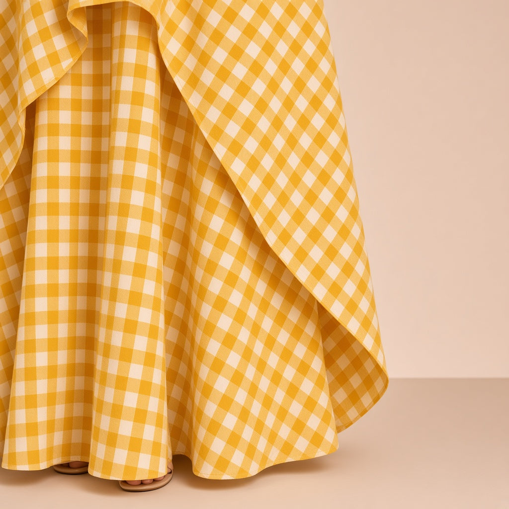 Robe longue en vichy sans manches à surjupe SAKIWE jaune, gros plan surjupe à pointes et ourlet