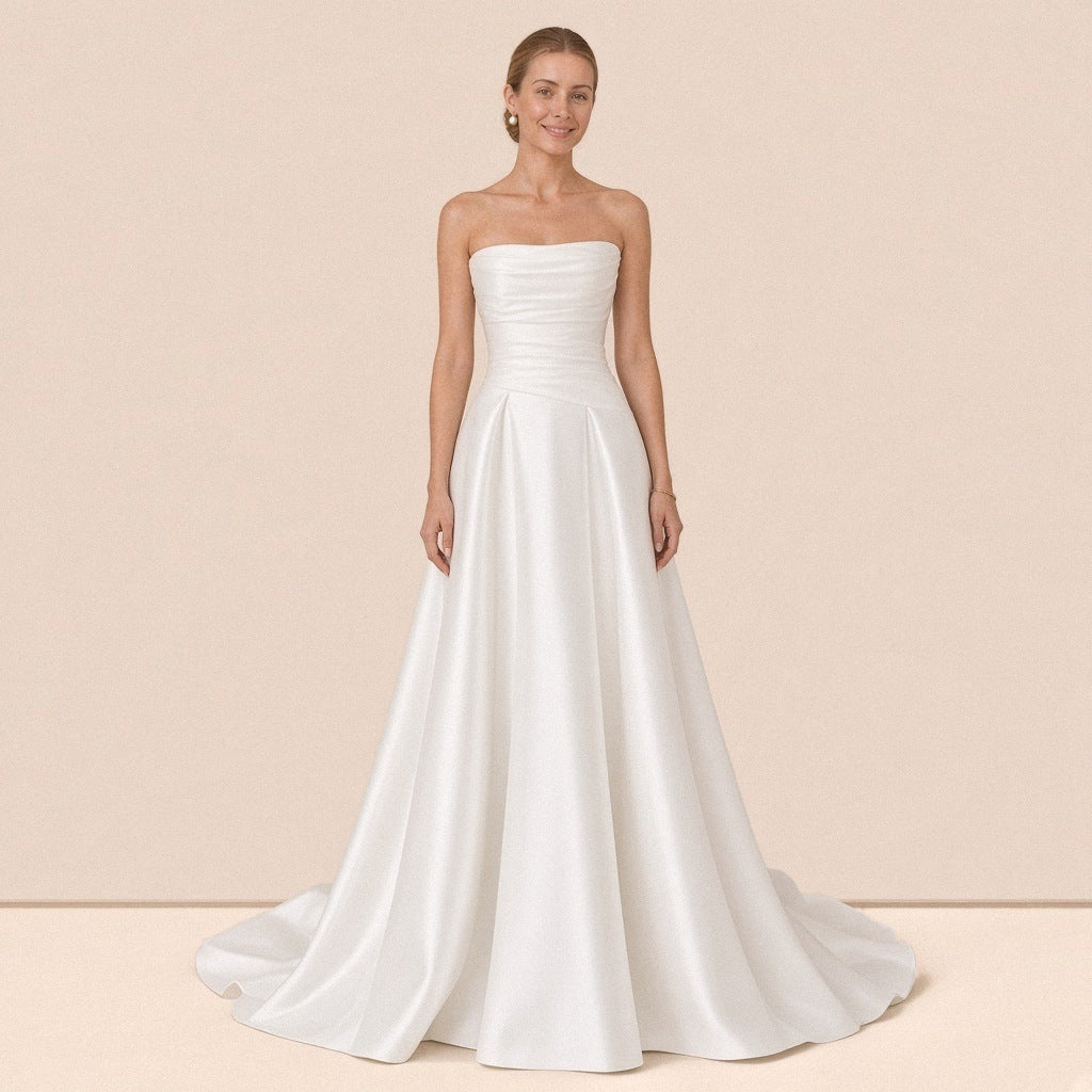 Robe de mariée bustier en satin blanc SAKIWE, vue de face