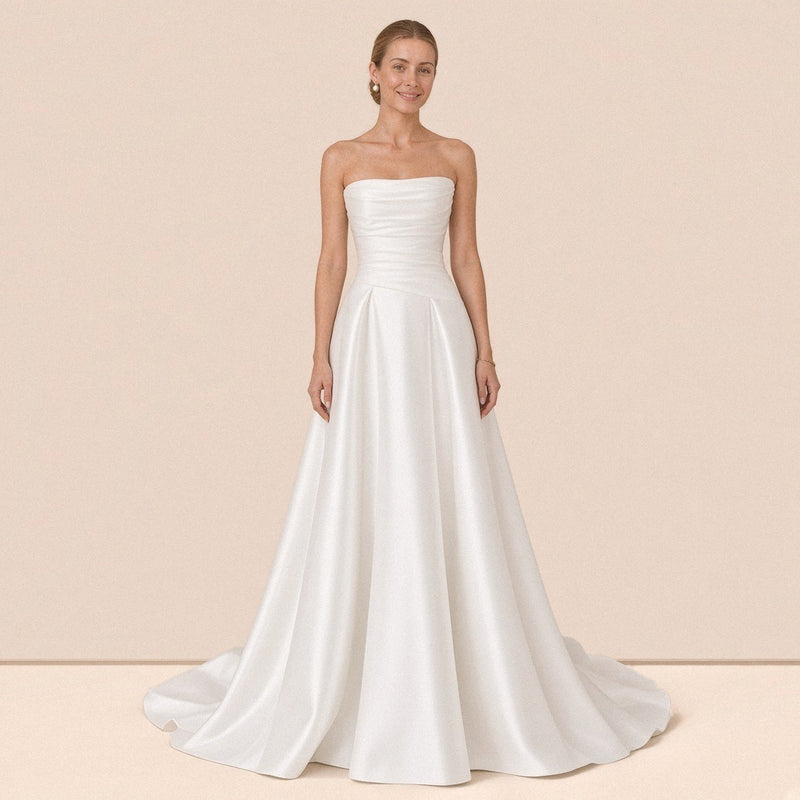 Robe de mariée bustier en satin blanc SAKIWE, vue de face