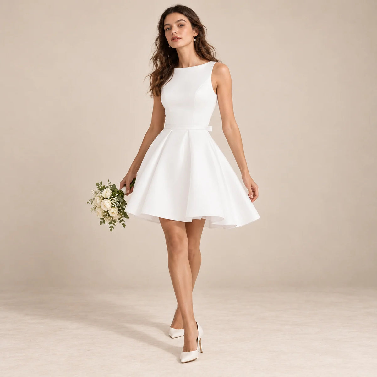 Robe de mariée blanche courte portée en mouvement, jupe plissée évasée