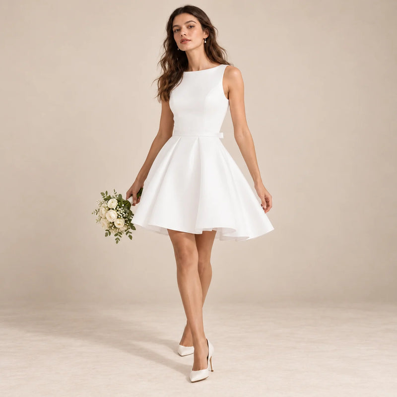 Robe de mariée blanche courte portée en mouvement, jupe plissée évasée