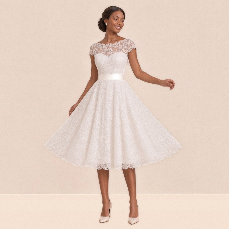 Robe de mariée courte en dentelle en mouvement, jupe ample festonnée
