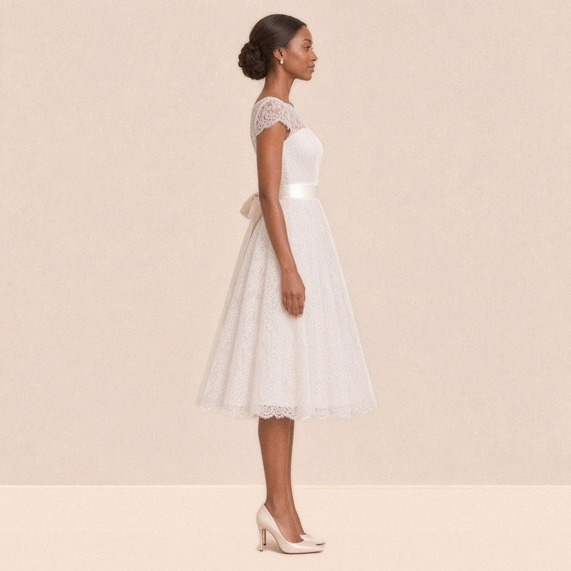 Robe de mariée courte en dentelle de profil, longueur sous le genou