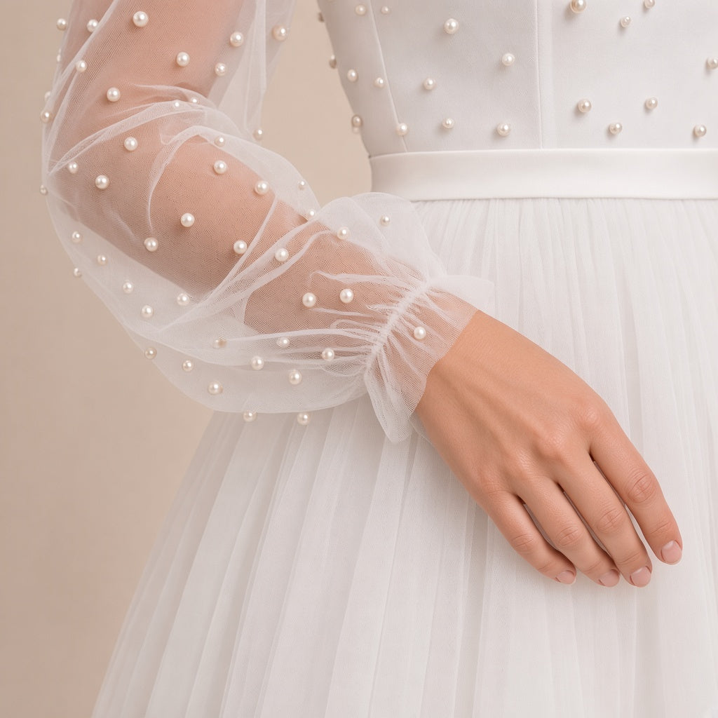 Robe de mariée ivoire portée, détail de la manche en tulle à perles resserrée au poignet