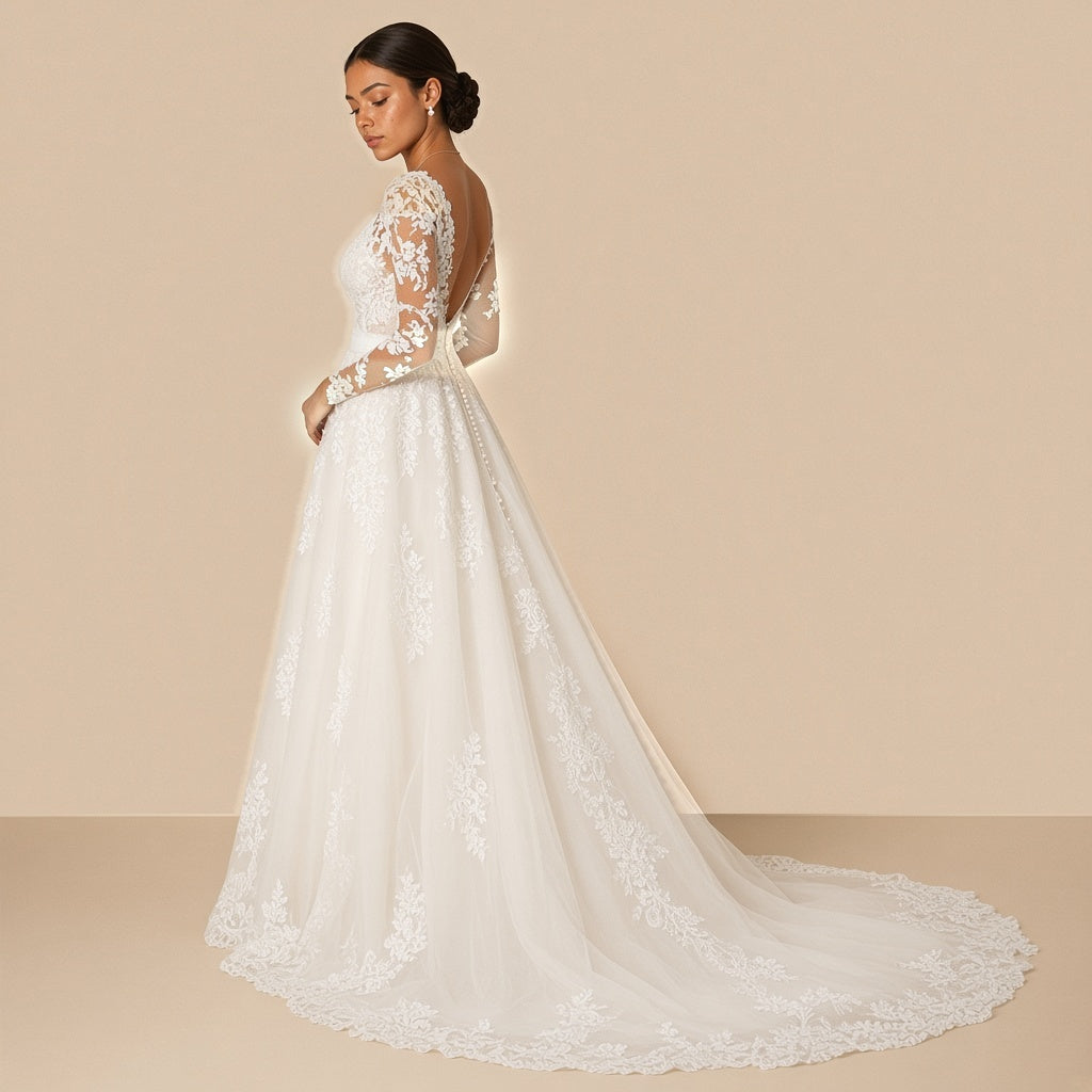 Robe de mariée en dentelle à manches longues de profil, longue traîne