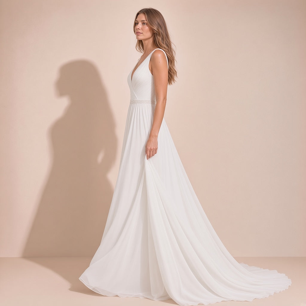 Femme de profil en mouvement dans la robe de mariée fluide, traîne derrière elle
