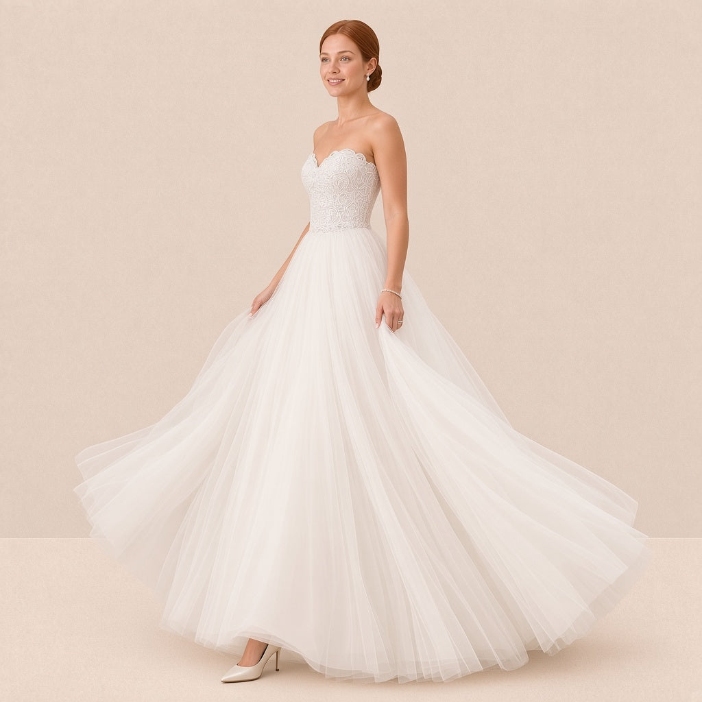 Robe de mariée princesse en mouvement, ample jupe en tulle