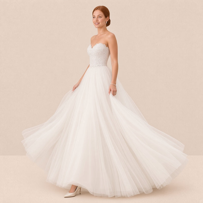 Robe de mariée princesse en mouvement, ample jupe en tulle