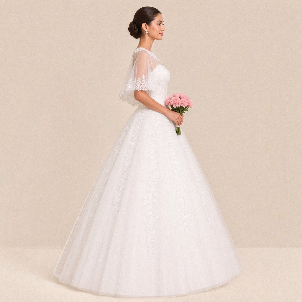 Robe de mariée princesse vue de profil, volume de la jupe en tulle