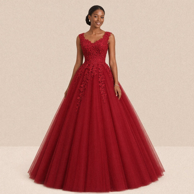 Robe de mariée princesse rouge col V en dentelle perlée, vue de face