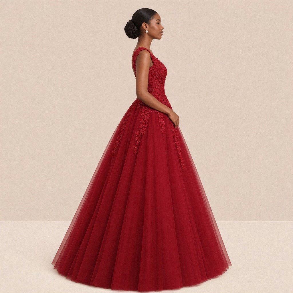 Robe de mariée princesse rouge, vue de profil
