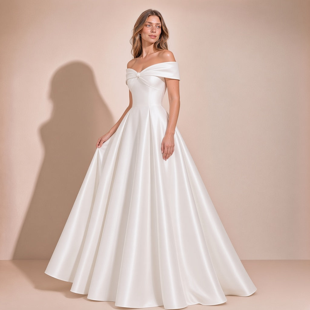 Femme de trois quarts dans la robe de mariée princesse en satin, jupe ample plissée