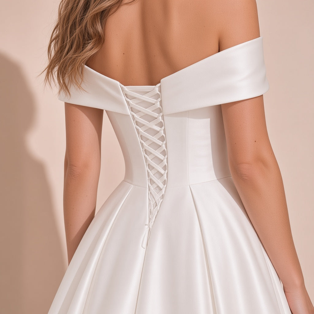 Robe de mariée portée, détail du dos à lacets croisés jusqu’à la taille