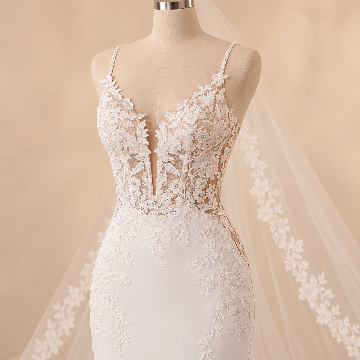 Détail du décolleté V et du corsage en dentelle de la robe de mariée