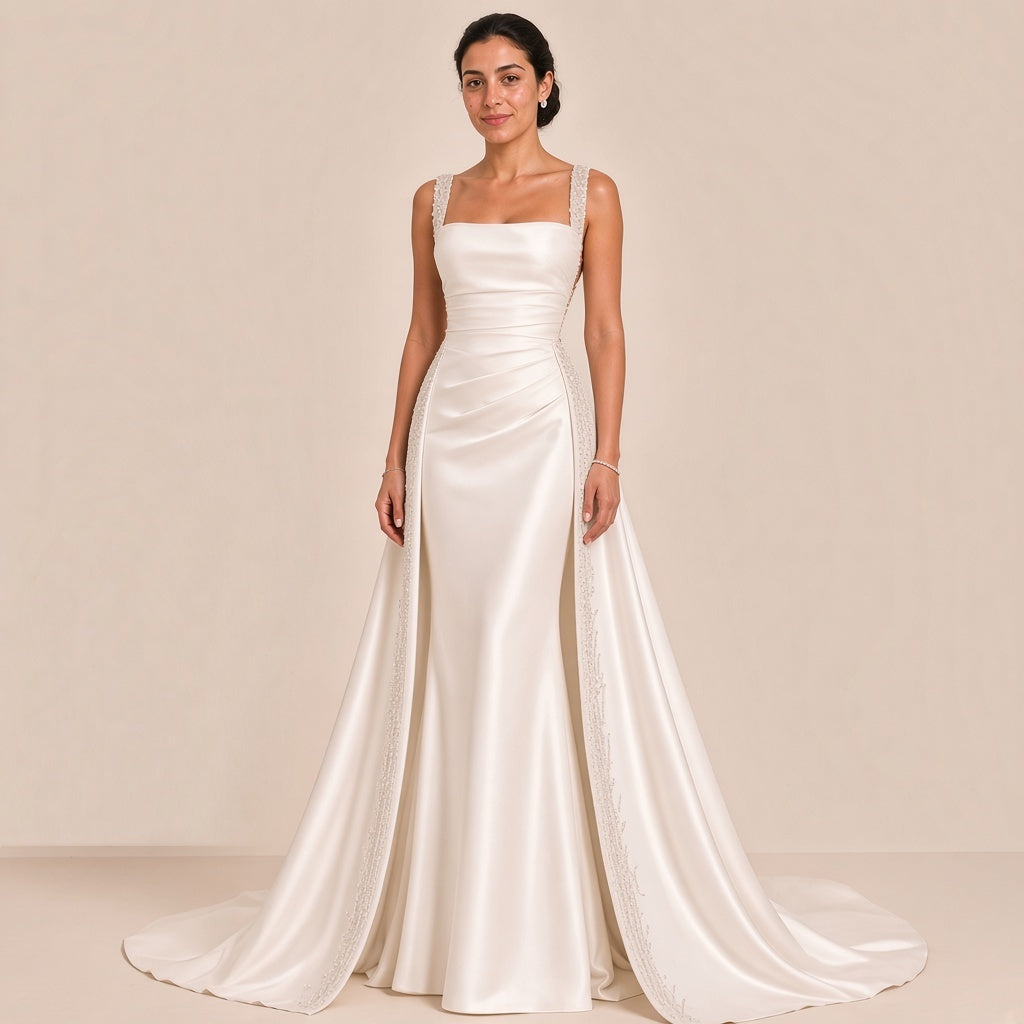 Robe de mariée sirène blanche en satin, col carré et bretelles perlées, vue de face