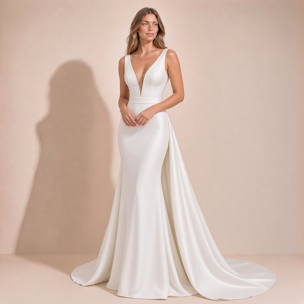 Femme portant la robe de mariée sirène en satin blanc à col V plongeant, vue de face