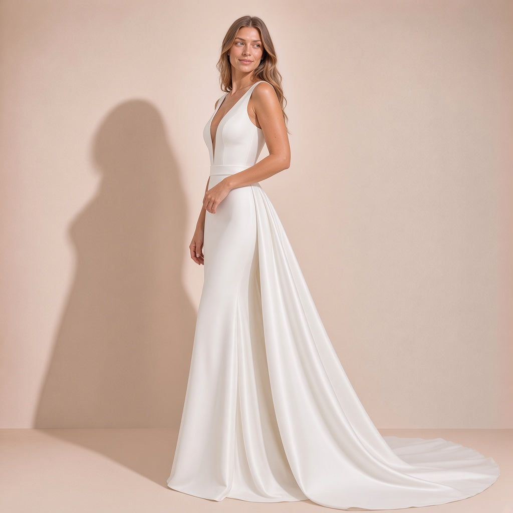 Femme de trois quarts dans la robe de mariée en satin, pan de satin et traîne au sol