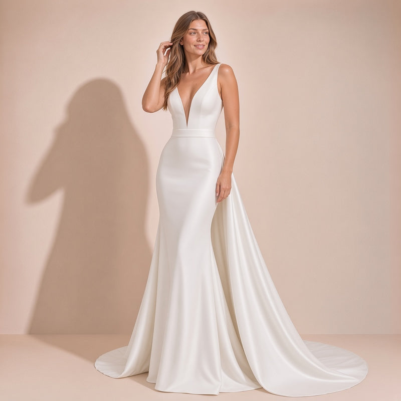Femme en pose naturelle dans la robe de mariée en satin, traîne étalée