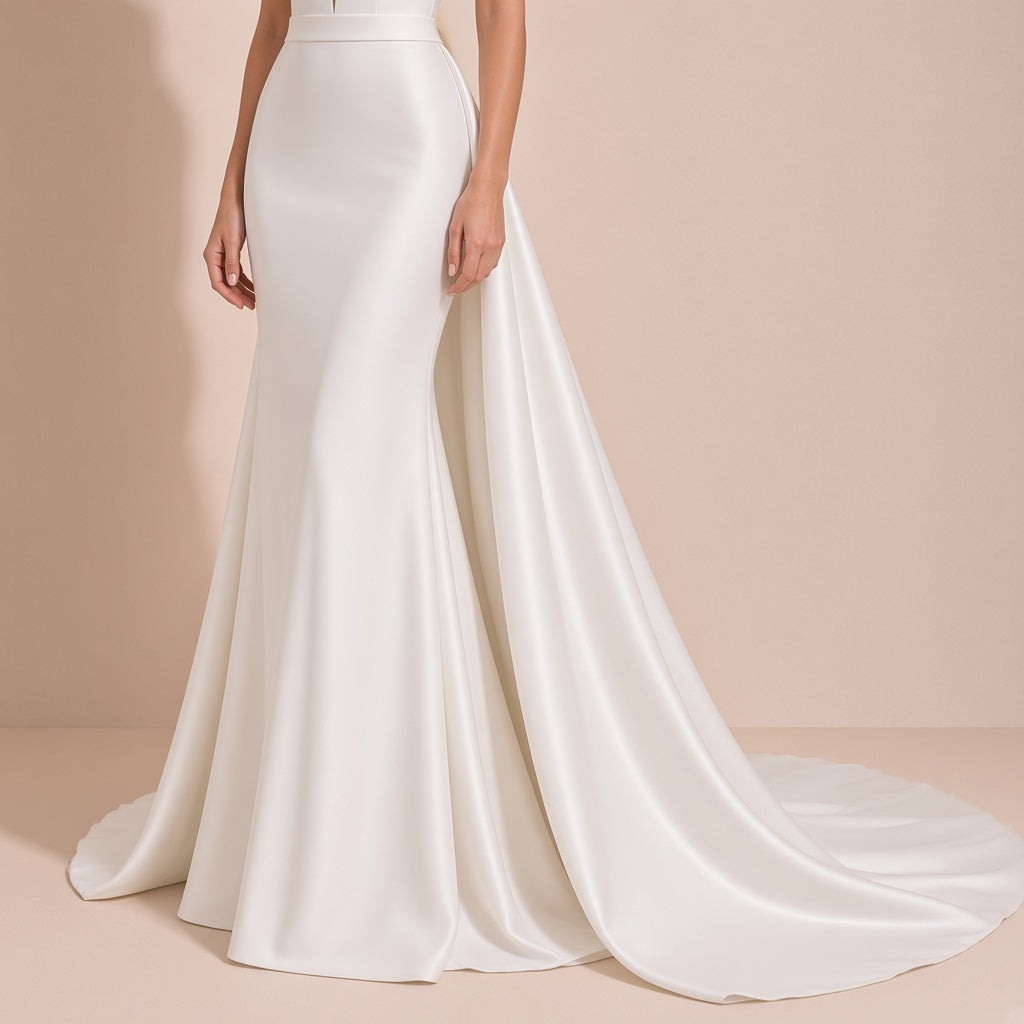 Robe de mariée portée, détail de la jupe ajustée et du pan de satin en traîne