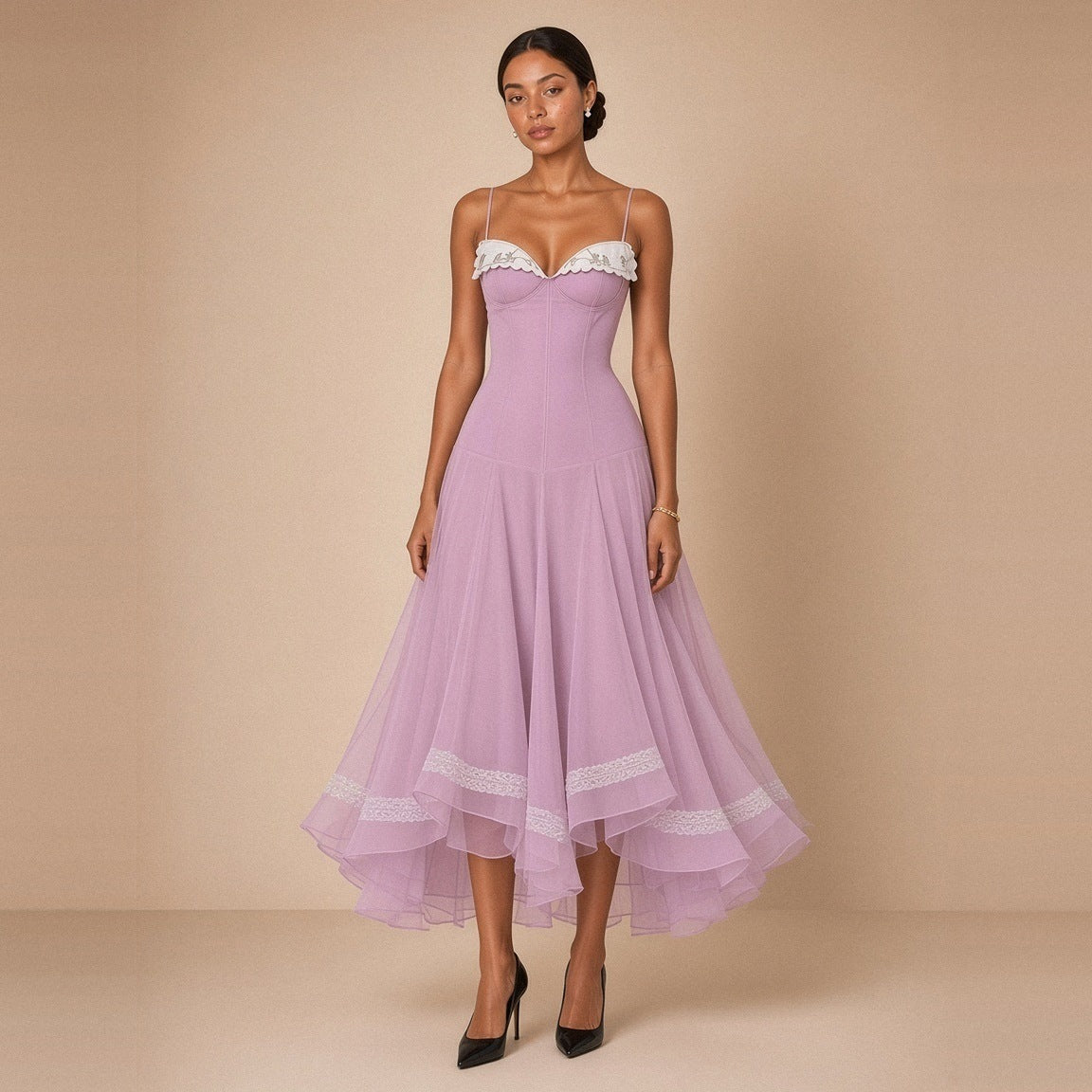 Robe midi corsetée en voile SAKIWE lilas – vue de face